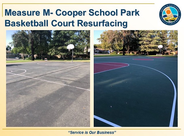 Basketball courts at Cooper School Park before and after resurfacing