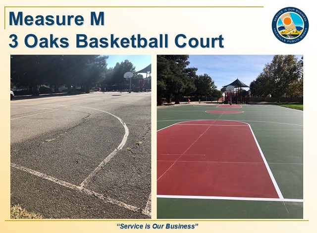 Basketball courts at Three Oaks before and after resurfacing