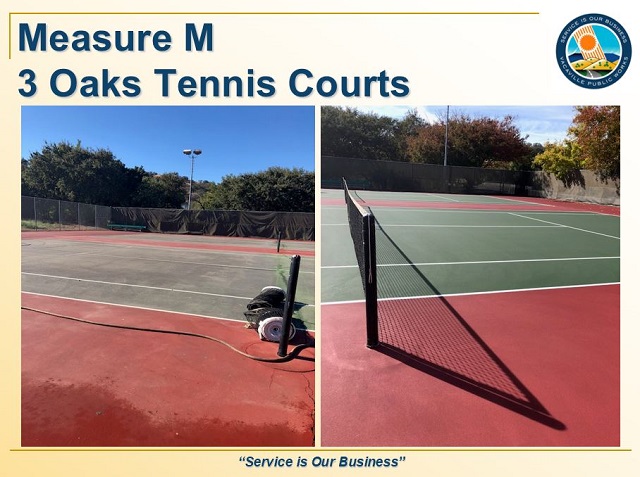 Tennis courts at Three Oaks before and after resurfacing