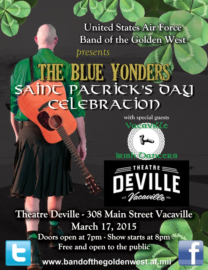 Poster announcing the free Blue Yonders concert on March 17 at Theatre DeVille