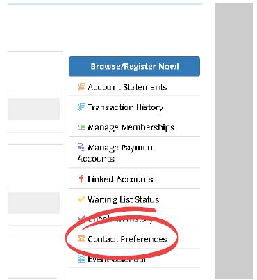 Image of "Contact Preferences" on the CivicRec website circled in red