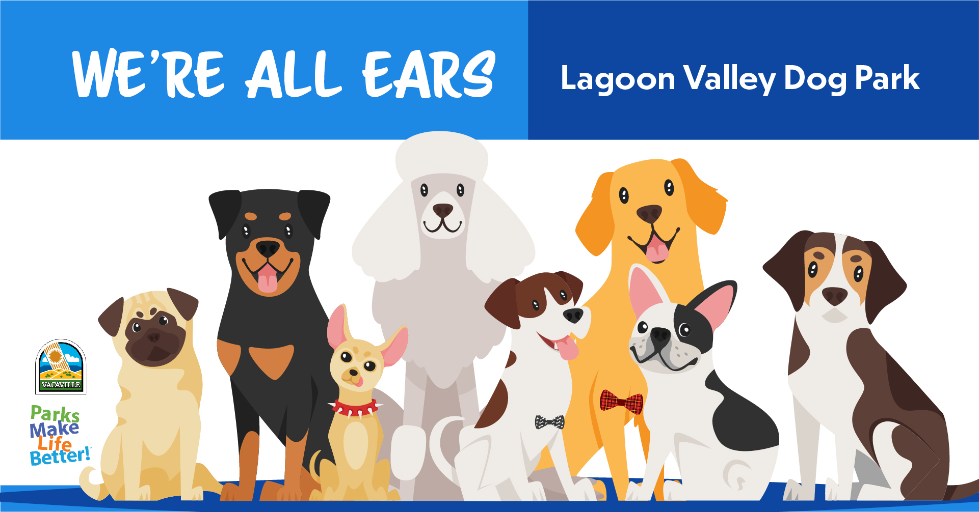 Illustration of dog breeds with the words "We’re All Ears" "Lagoon Valley Dog Park"