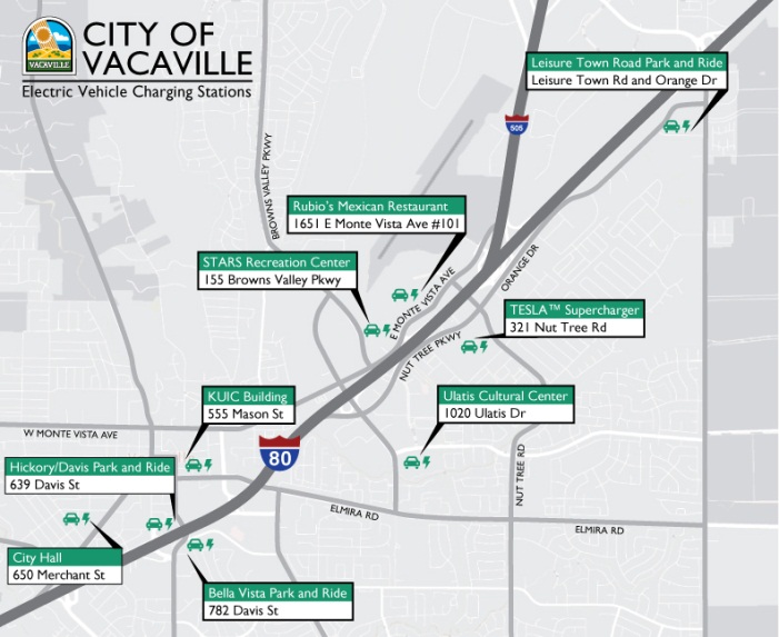 Map of the various electric vehicle charging stations in Vacaville