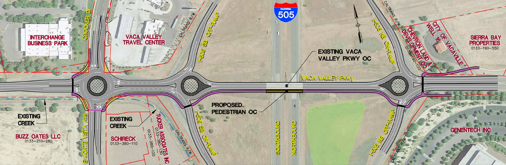 A rendering of the proposed improvements for the Vaca Valley Parkway overcorssing at I-505tp create a multimodal transportation option with three roundabouts.