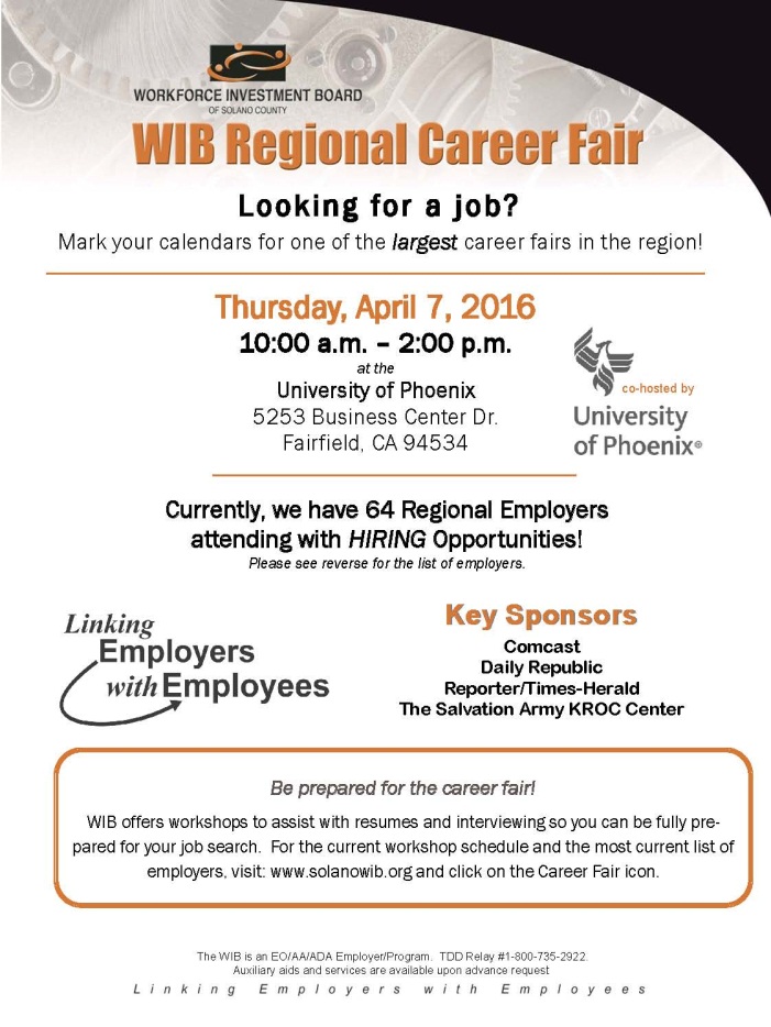 Flyer announcing the Workforce Investment Board job fair on April 27