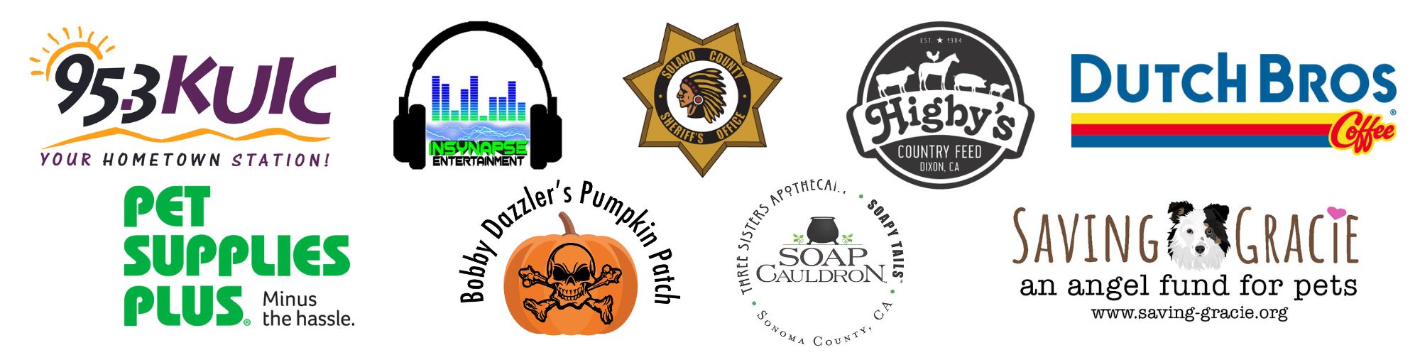 howl o ween sponsor logos kuic, insynapse, solano sheriff, higbys, dutch bros, pet supplies plus, bobby dazzlers, soap cauldron, and saving gracie