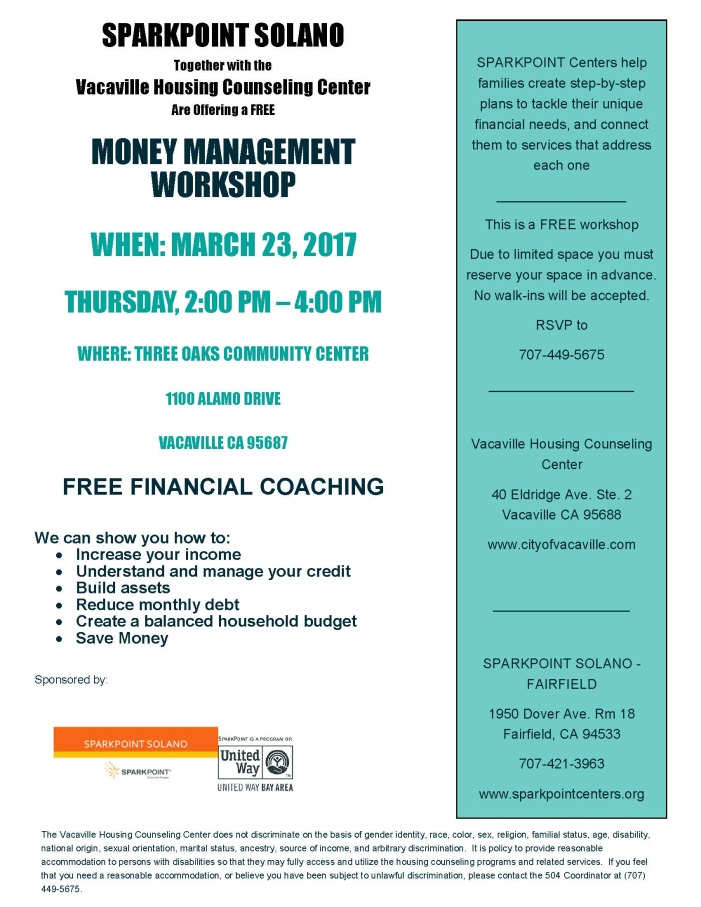 Flyer announcing a money management workshop set for March 24